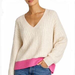 French Connection Women's V-Neck Cream Pink White Ribbed Color Block Sweater Med